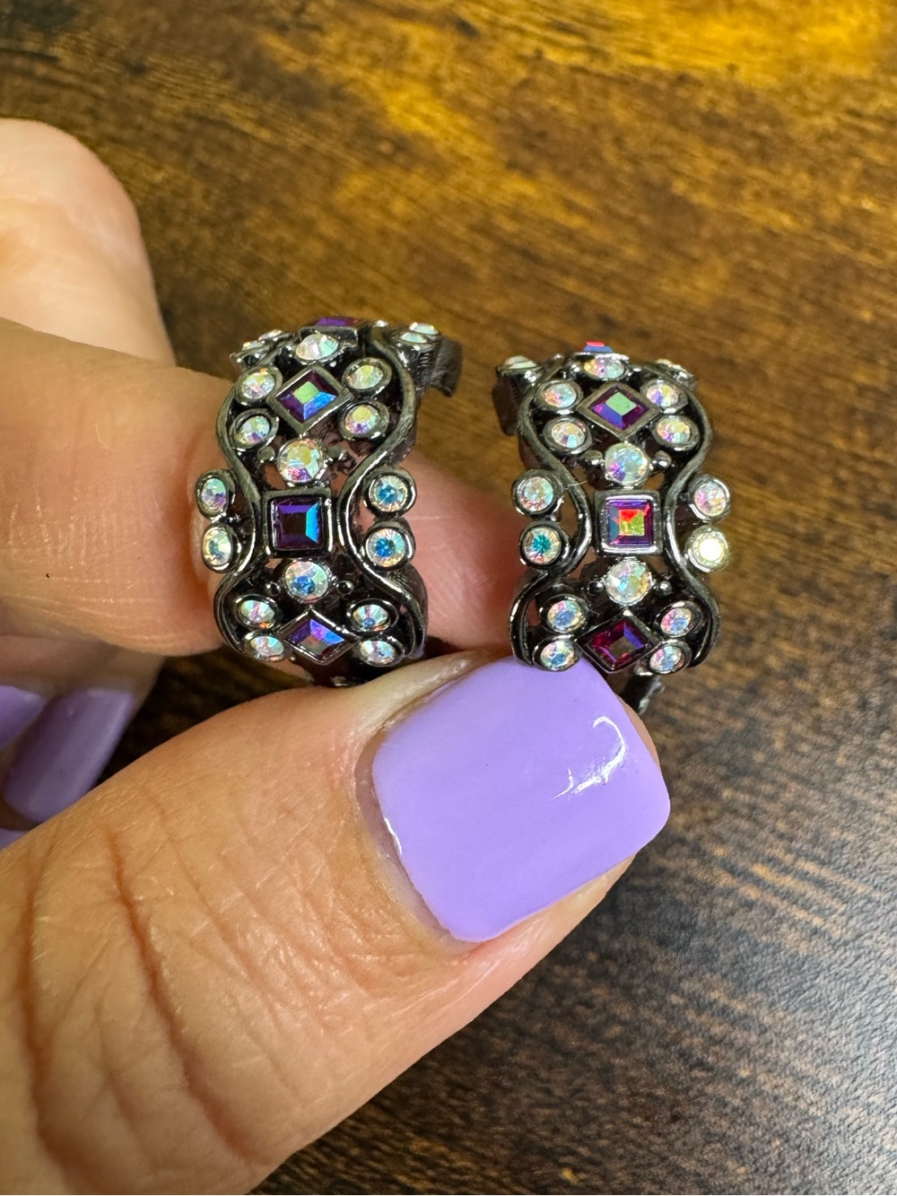 FAC Iridescent Crystal Hoop Clip On Earrings in Black with Purple Accents